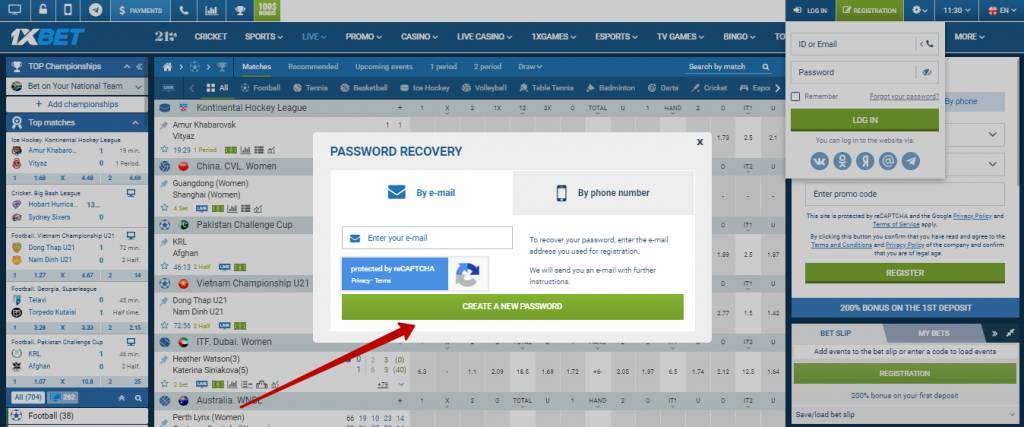 1xBet login account by email