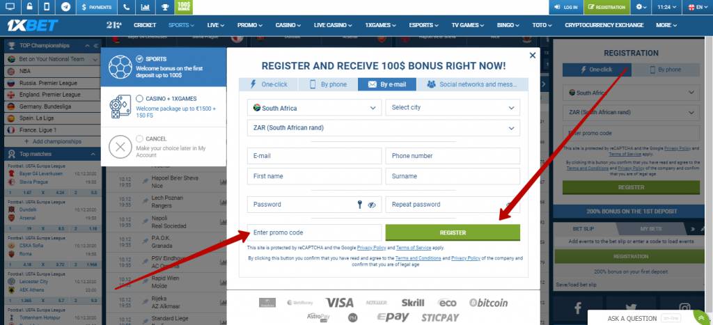 1xBet registration by email