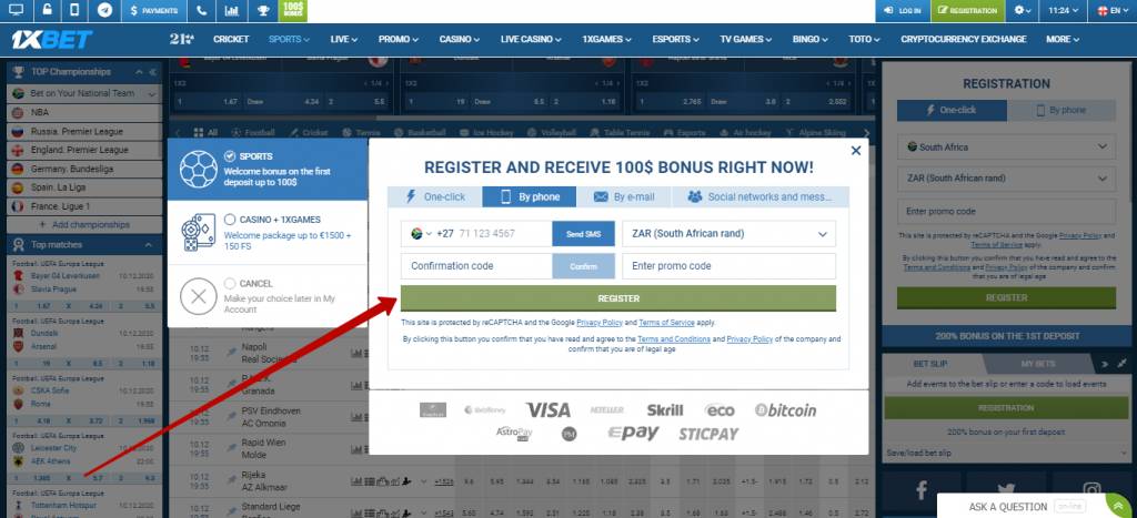 1xBet registration by phone