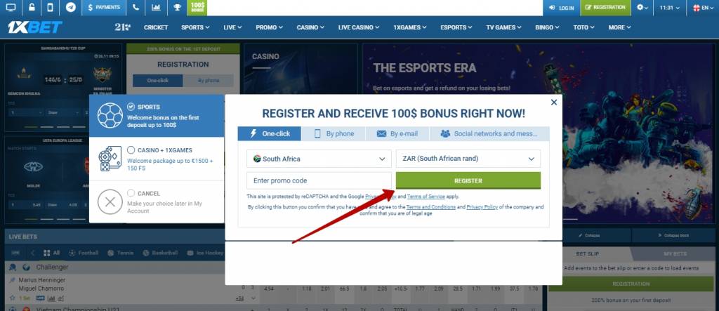 1xBet registration in Africa