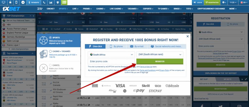 1xBet registration in one click