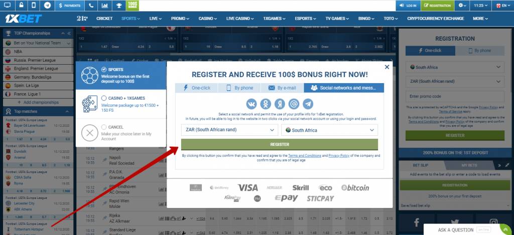 1xBet registration via social networks