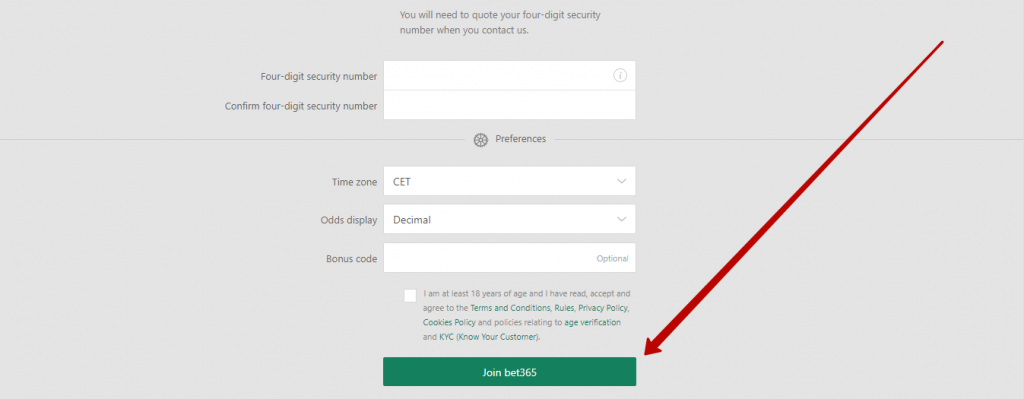 Bet365 registration form