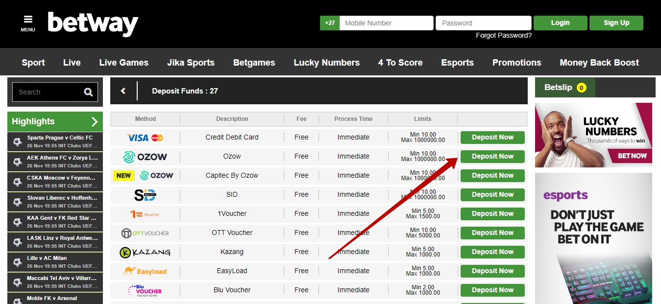 Betway deposit methods