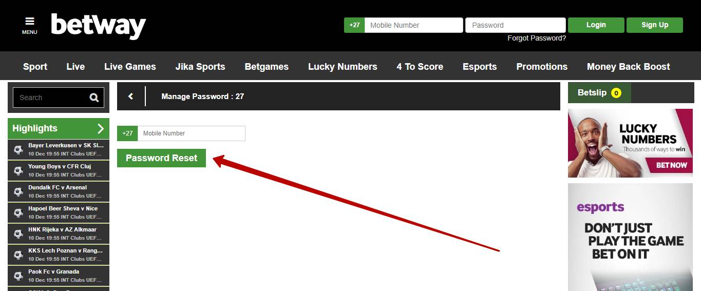 Betway login password reset