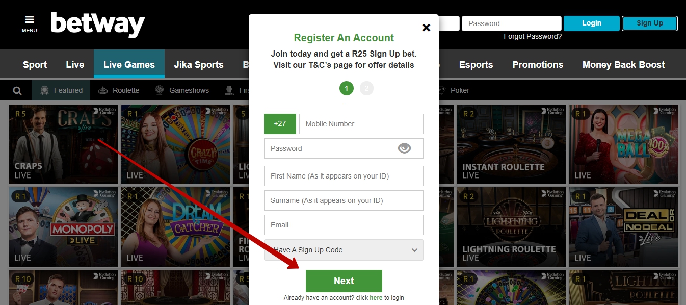 Betway registration form