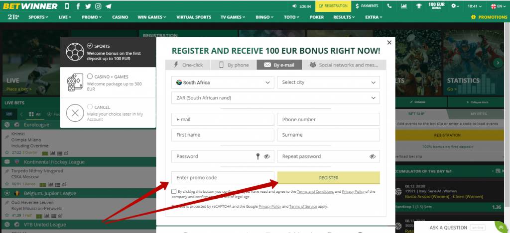Betwinner registration by email