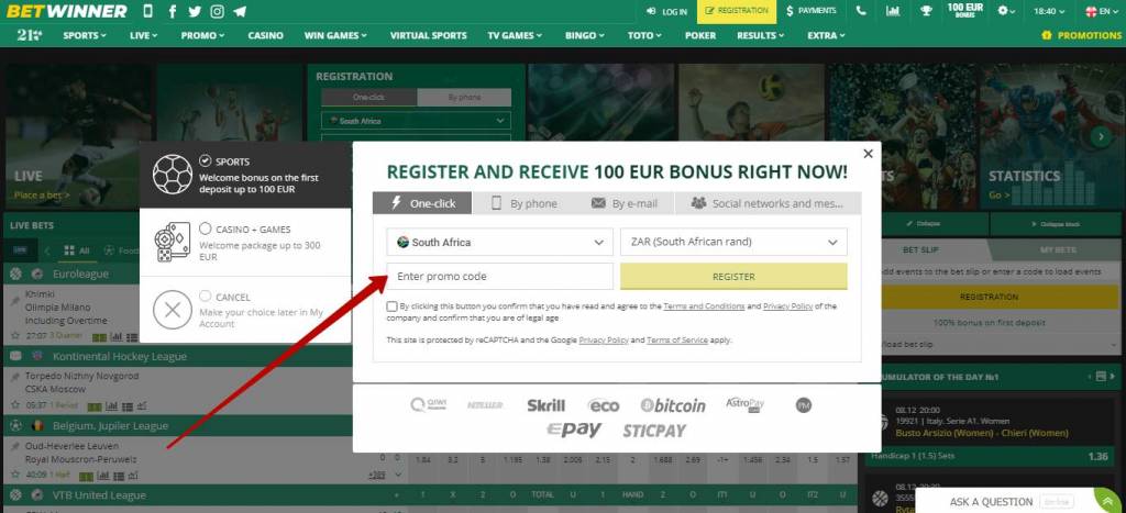 Betwinner registration in one click