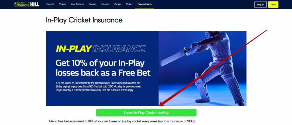 William Hill in-play cricket insurance