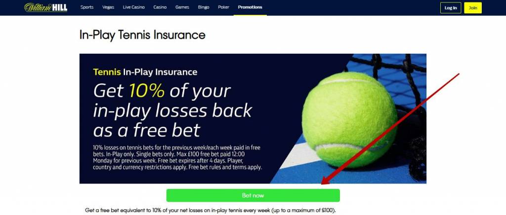 William Hill in-play tennis insurance