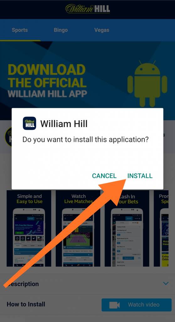 William Hill mobile app installation