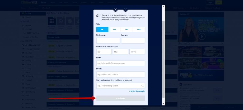 William Hill registration form