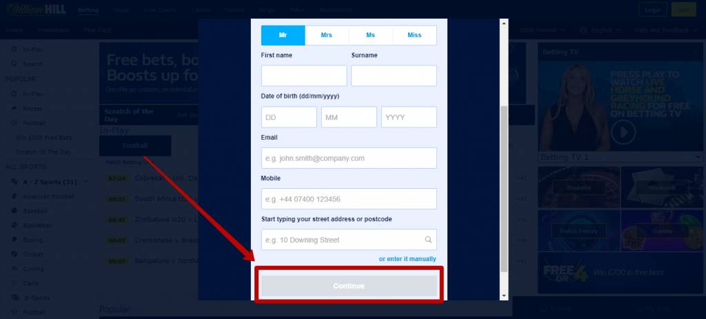 William Hill registration form